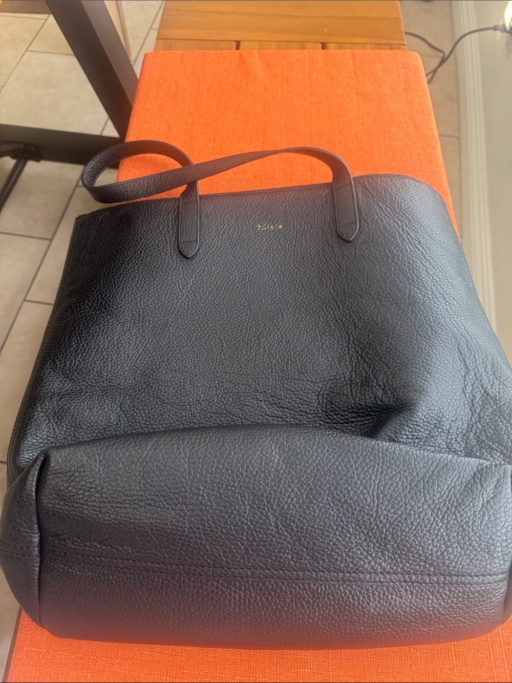 Cuyana Black Pebbled Leather Tote with Cream Interior and Gold Hardware